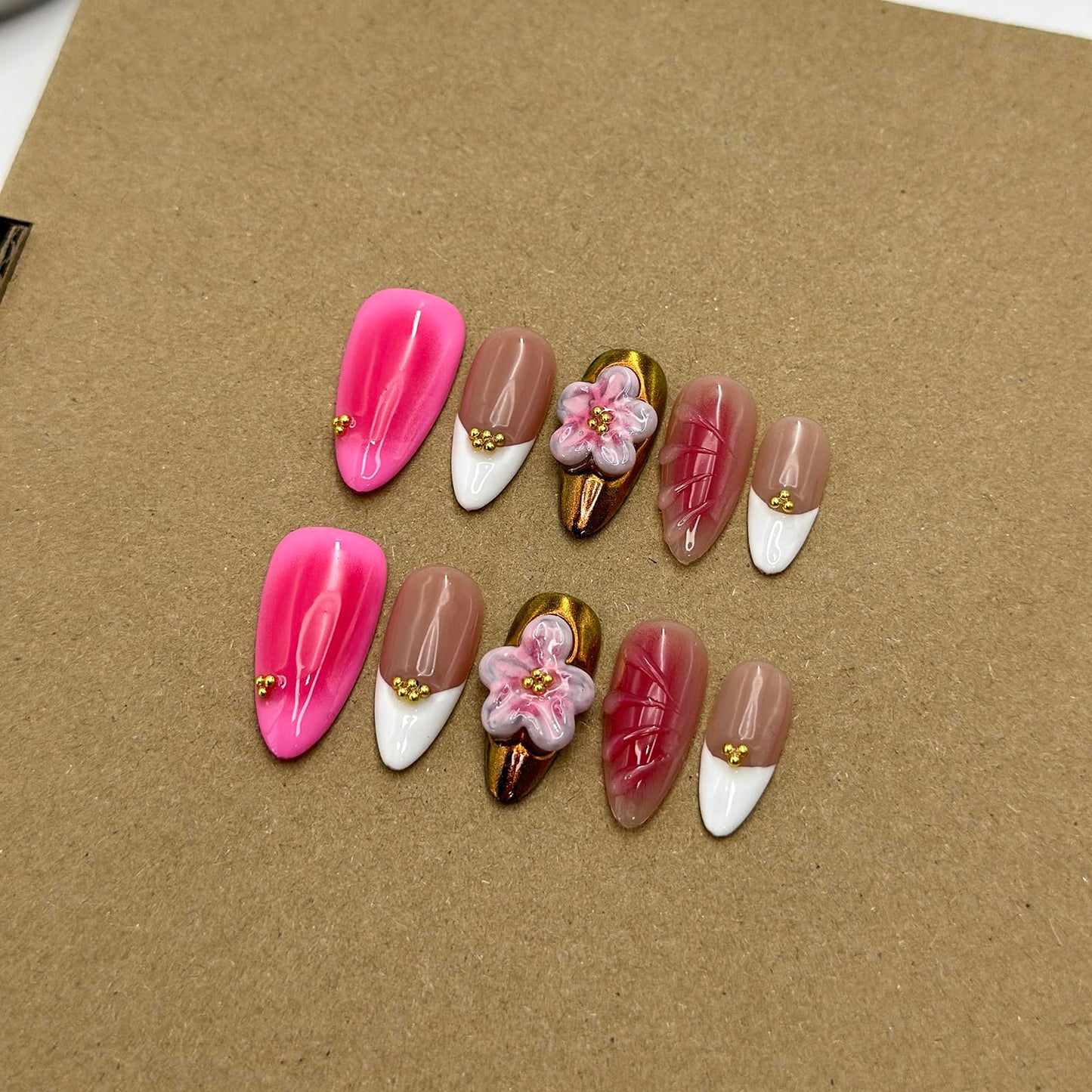 Luxury Press on Nails Medium Almond Handmade 3D Unique Reusable ABS Material Fake Nails White French Tip False Nails with Designs Pink Flower Art Petal Glossy Glue on Nails Thick Acrylic Nails(S)