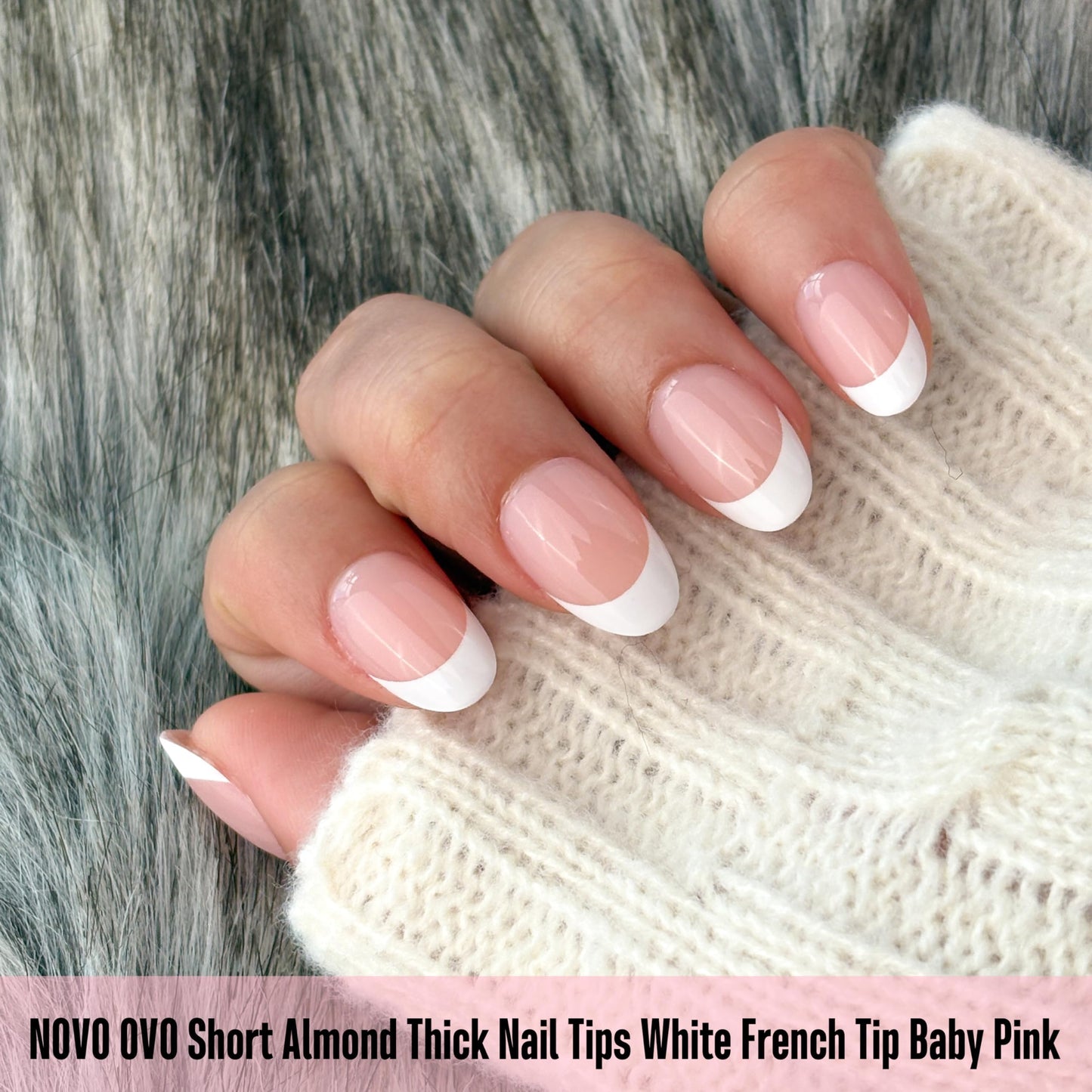 NOVO OVO Extra Short White French Tip Almond Nail Tips Press on BABY PINK, Thick Soft Gel Fake Acrylic Extension, Need Builder Gel Top Coat, No Glue Included, for Salon DIY x 16 Sizes 224 pcs