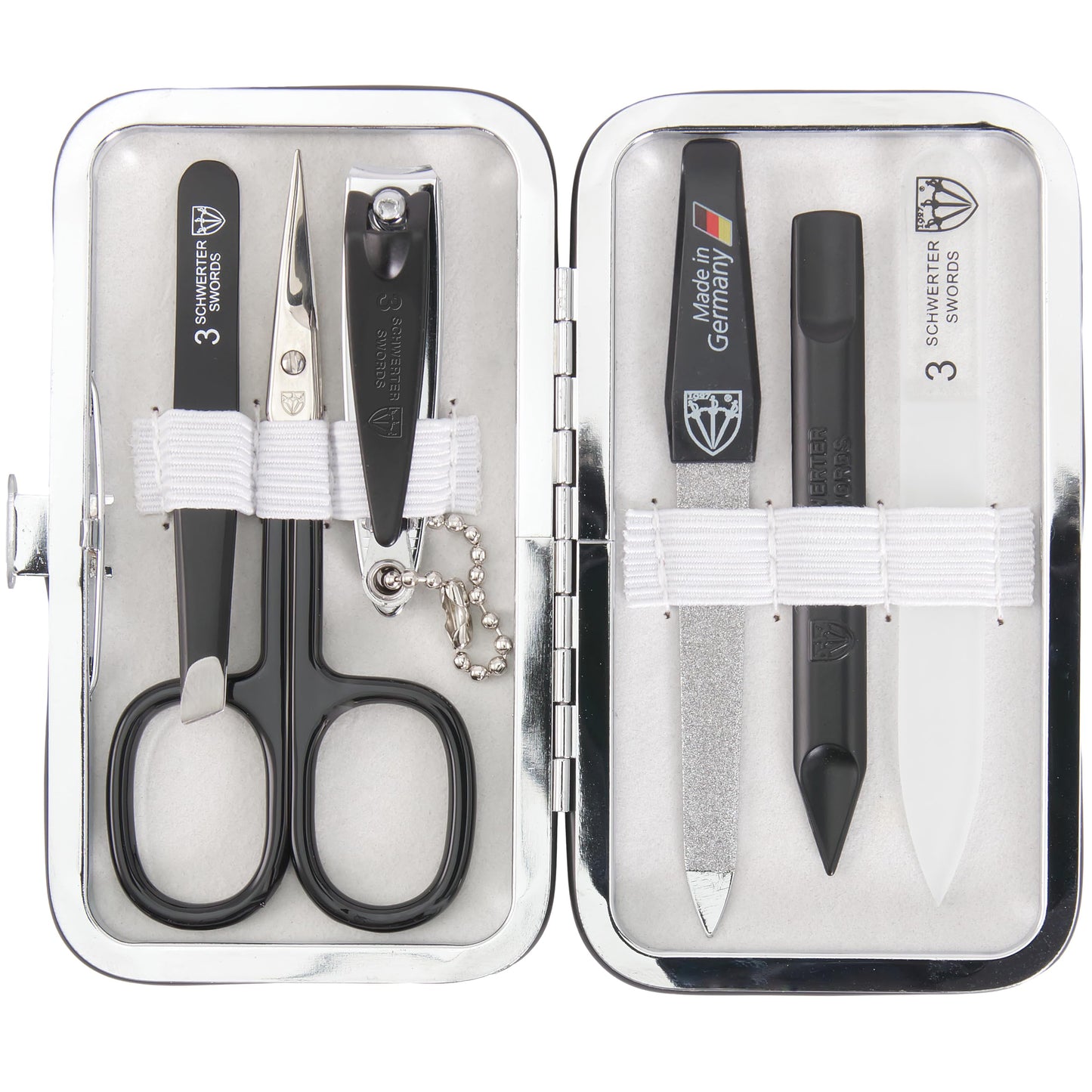 3 Swords Germany - Brand Quality 6 piece Manicure Pedicure Grooming kit Set - Scissors, Metal and Glass Nail File, Clipper, Tweezers with Synthetic Leather case - White/Black Tools