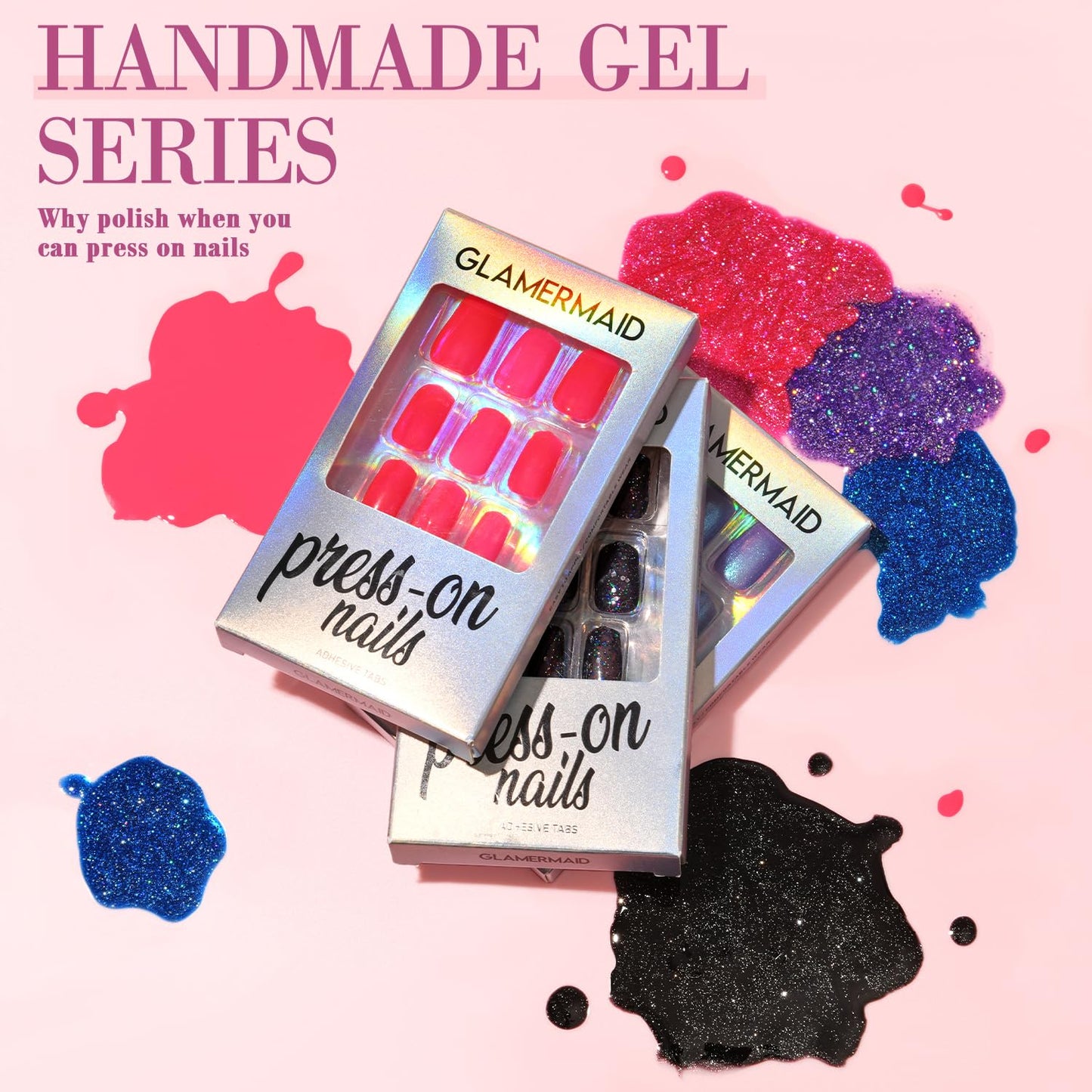 GLAMERMAID Nude Pink Press On Nails Short Almond, Handmade Jelly Soft Gel Nails Round Oval Fake Nails, Soft Jelly Gel Nail Tips Deep Burgundy Round Fake Nails, Natural Deep Red Stick Glue on Nails
