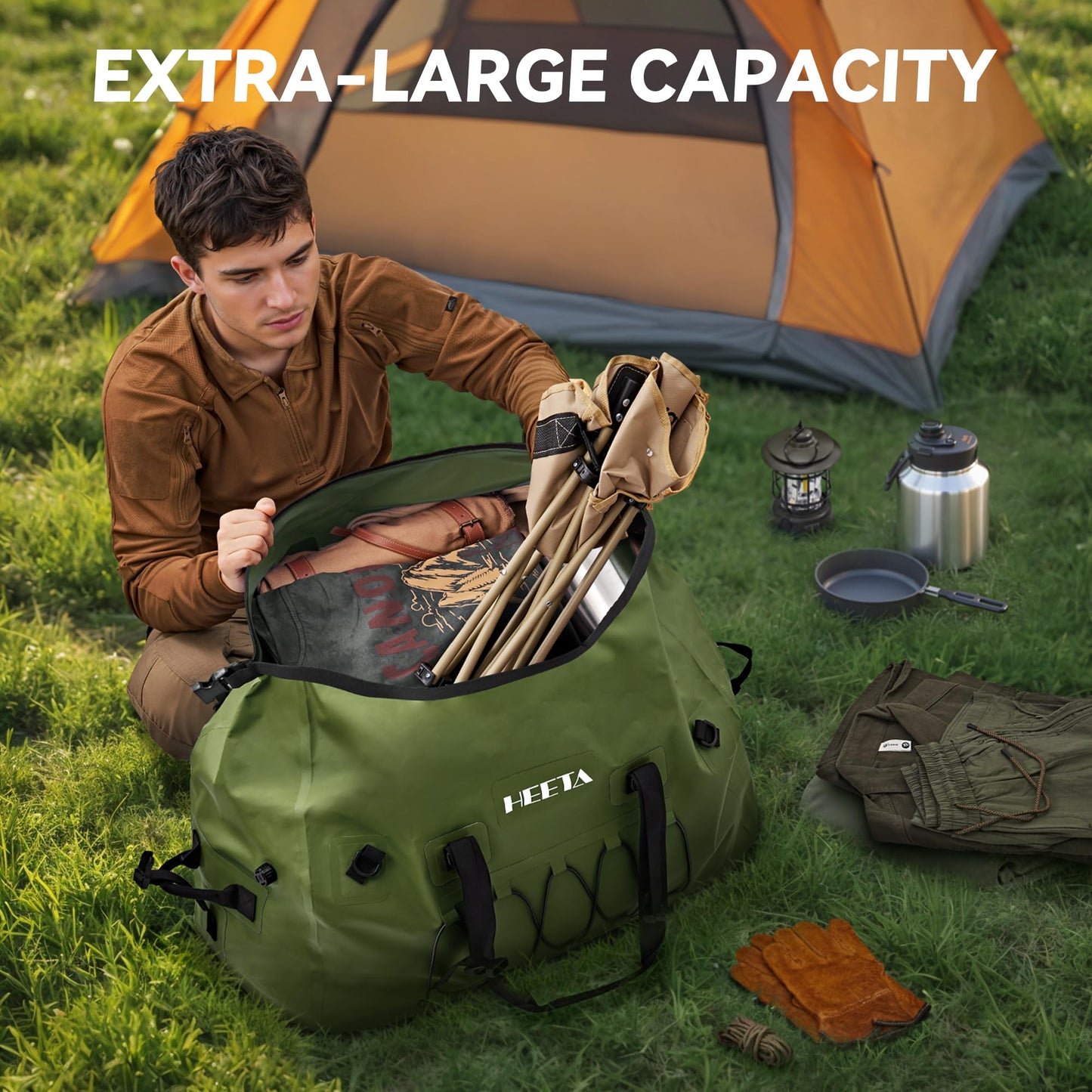 HEETA Waterproof Duffel Bag Motorcycle Dry Bag Backpack, Extra Large Rolltop Travel Duffle Bags with Straps & Handles for Kayaking Rafting Boating Canoeing Camping Gym Beach (Green, 110L)