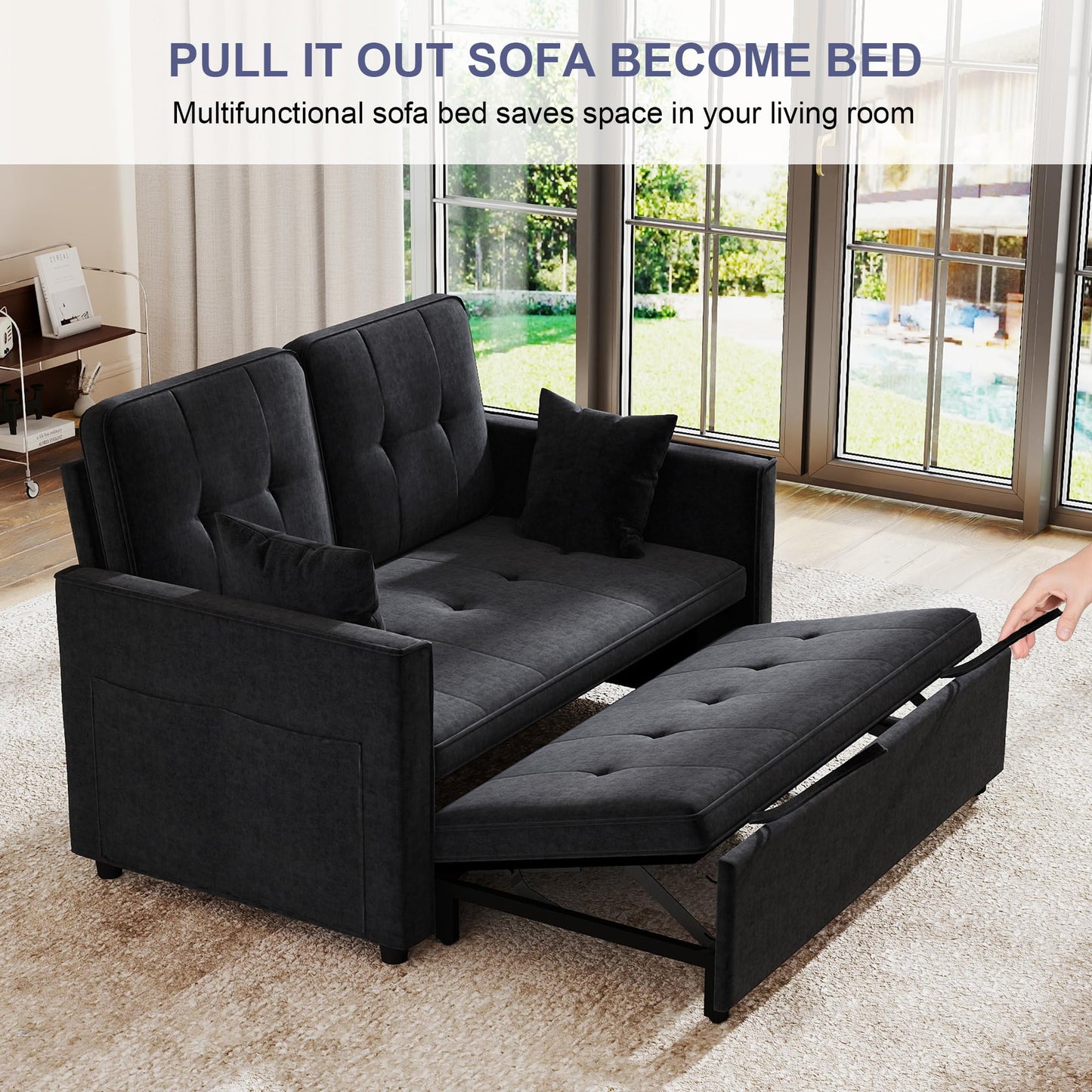 Nyvoral Loveseat Sleeper Sofa Bed Couch: Queen Sleeper Chair Pull Out Bed for Living Room, Black Velvet Couch Beds for Small Spaces, 3 in 1 Convertible Sofa with Armrests