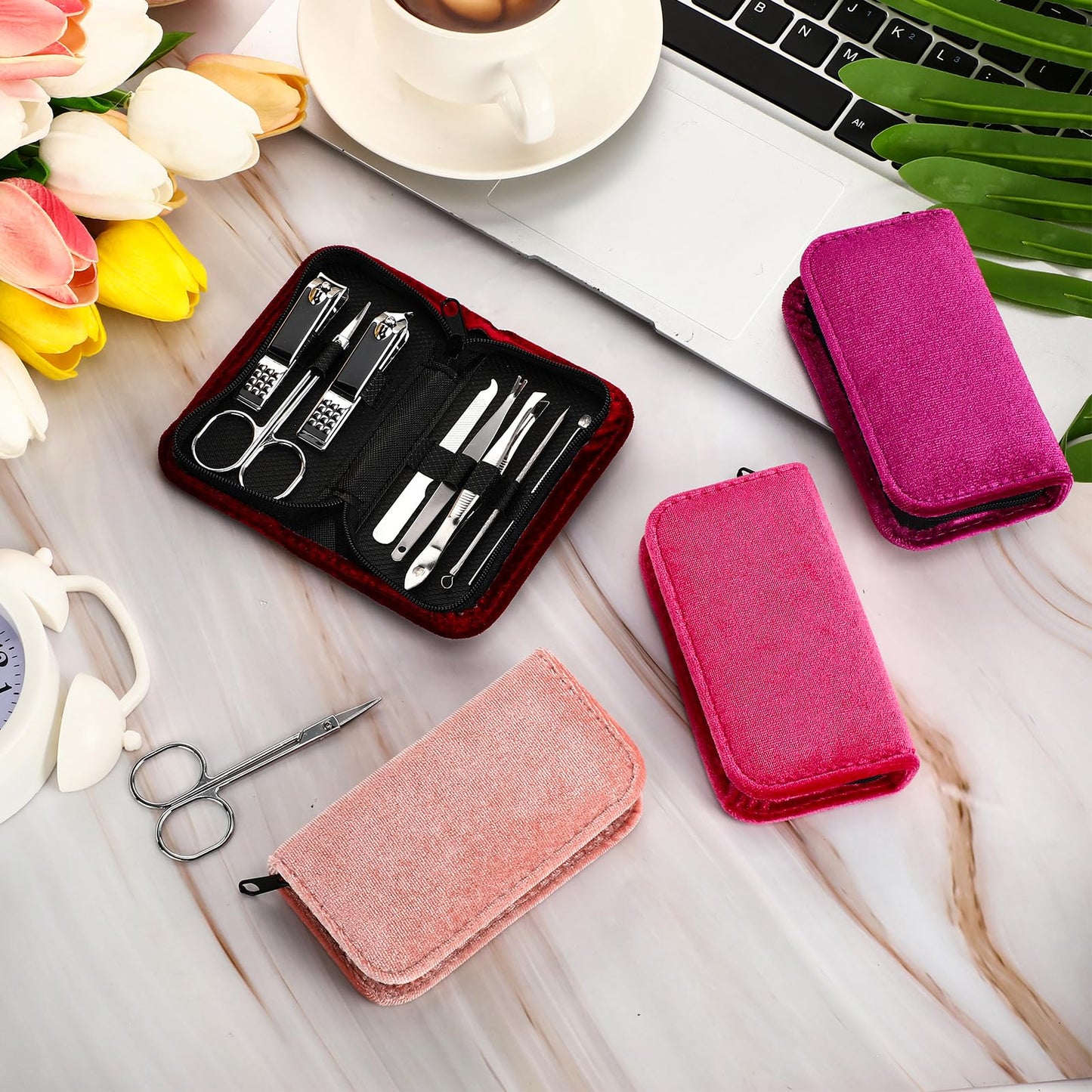 Coume 24 Sets Mini Manicure Set Bulk for Women Men Gifts for Coworkers Nail Grooming Kit 8 in 1 Nail Clippers Kit Luxurious Travel Case Stainless Steel Nails Clipper Set(Red Series)