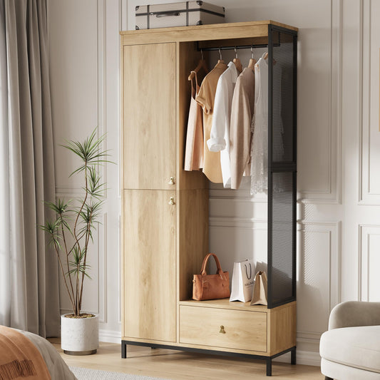 Modern Armoire Wardrobe Closet, Wood and Metal Frame Clothes Storage Organizer with Double Closed Doors, Open Hanging Rod, Bottom Drawer, Freestanding Bedroom Furniture for Small Spaces, Natural Oak