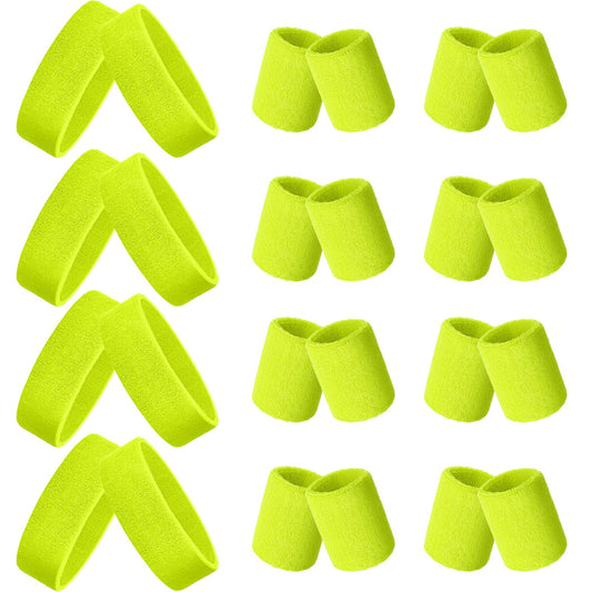 24 Pieces 80s Neon Sweatbands Set, Include 8 Sports Headbands and 16 Sweat Wristbands Elastic Athletic Tennis Sweat Bands Bulk for Man Woman(Fluorescent Yellow)