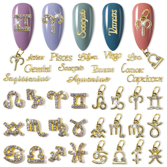 SILPECWEE 48pcs Zodiac Nail Charms 3D Gold Constellation Nail Jewels Dangle Alloy Letter Nail Art Charms Nail Rhinestones Charms for Nails Design Nail Art Decoration for Acrylic Nails