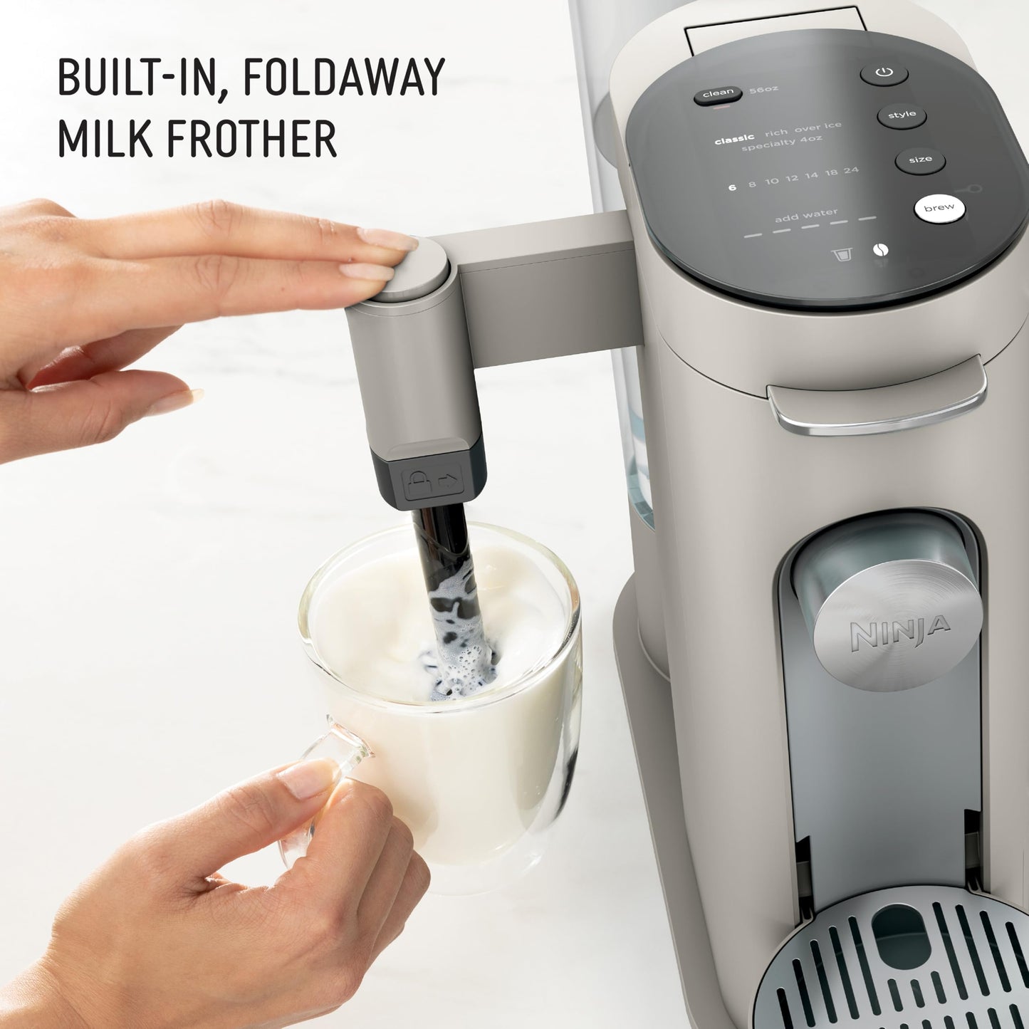 Ninja Pod & Grounds Specialty Single-Serve Coffee Maker, K-Cup Pod Compatible, Brews Grounds, Compact Design, Built-In Milk Frother, 56-oz. Reservoir, 6-oz. Cup to 24-oz. Mug Sizes, Stone, PB051ST