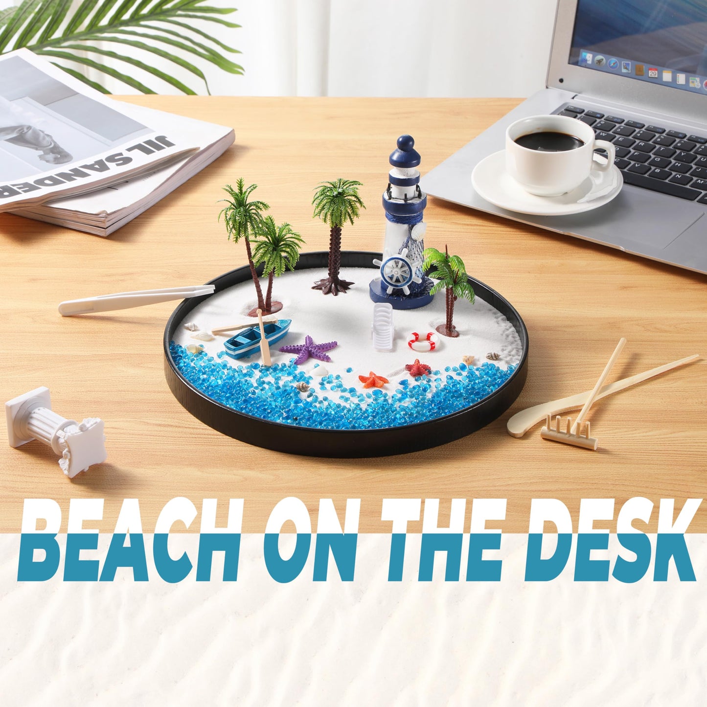 Cularve Zen Garden for Desk, Holiday Island Theme Sand Box Kit, Garden Meditation, Stress Relief Gifts, Home Office Desk Decoration.