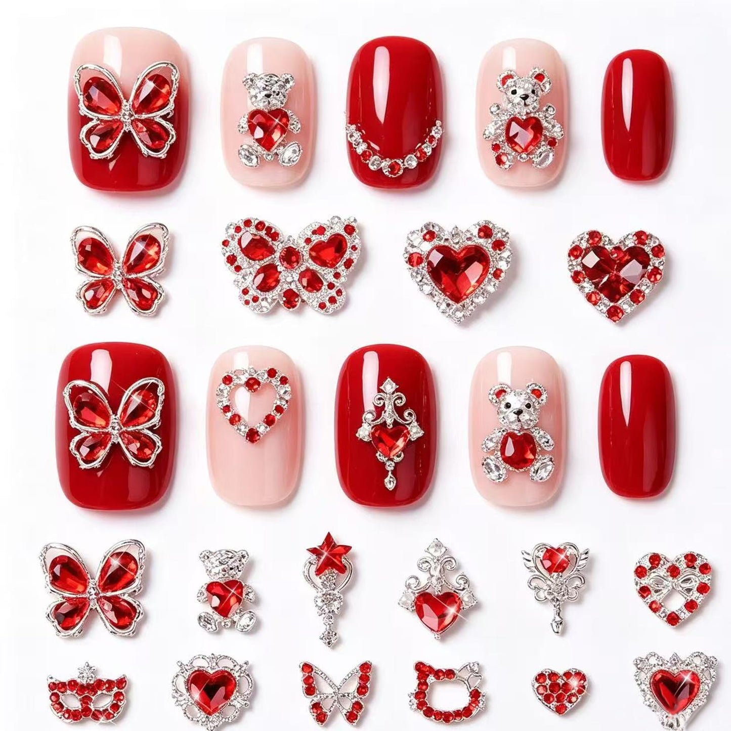 COOSLIM 60 Pcs Heart Nail Charms, Rhinestone Red Butterflies Nail Art Gems, Star Heart Butterfly Charms Decorations Sailor Moon Acrylic Nail Accessories for Women DIY Crafts 2