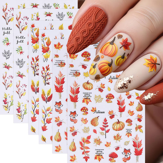 6 Sheets Fall Maple Leaf Nail Art Stickers Deals 3D Self-Adhesive Autumn Thanksgiving Pumpkin Fox Fallen Leaves Nails Designs Flower Mushroom Autumn Leaves Nail Supplies for Women Nail Decoration