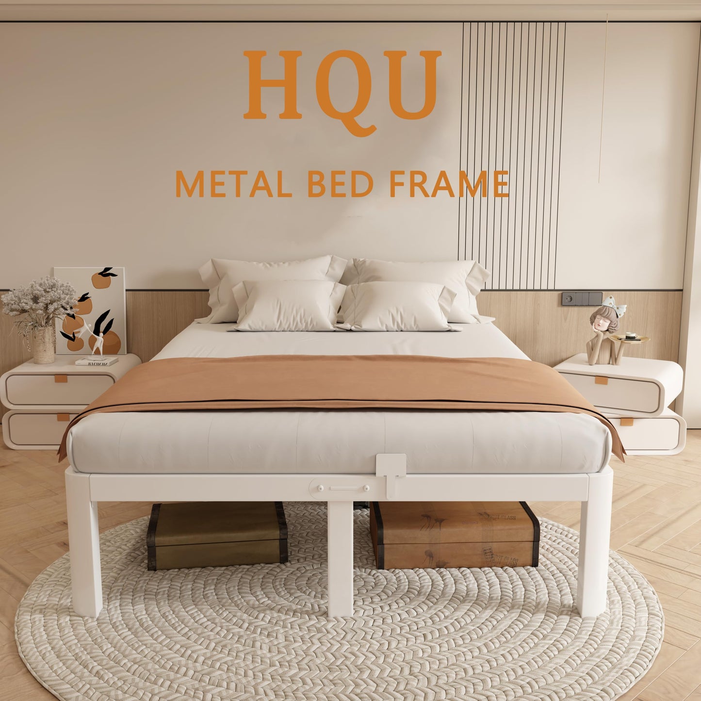 HQU 12 Inch Queen Bed Frame No Box Spring Needed, Platform Bed Frame with Metal Gaskets, Heavy Duty Steel Slat Support, Anti-Slip Mattress Stopper, Round Corner Leg, Easy Assembly, White