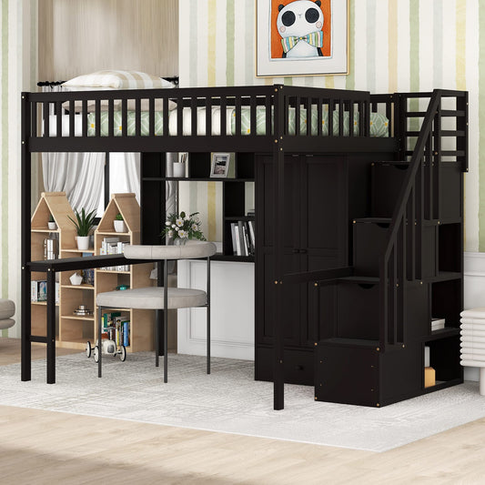 Full Size Loft Beds Stairway Loft Bed Frame with Wardrobe, Desk, Bookcase and Drawers, Espresso