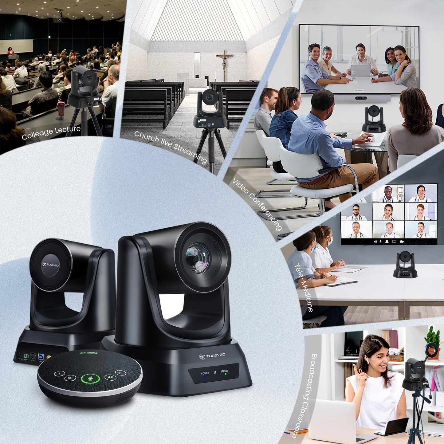 TONGVEO 5.8GHz Wireless Conference Room Camera System | 3X 60fps PTZ Camera with Bluetooth Microphone, 50ft Range, Compatible with Zoom, OBS - Easy Setup for Worship and Online Meetings