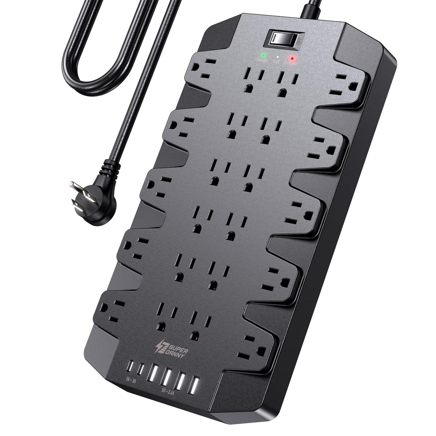 Power Strip, SUPERDANNY Surge Protector with 22 AC Outlets, 2 USB-C and 4 USB Ports, 1875W/15A, 2100J, 6.5Ft Extension Cord Surge Protector Power Strip with Wall Mount Holes for Home, Office, Dorm