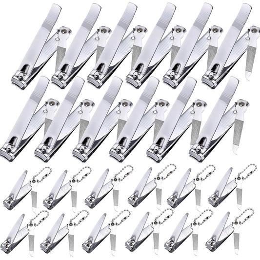 Bememo 24 Pcs Stainless Nail Clippers Set 2 Sizes Fingernail and Toenail Clippers with Chain Nail Cutter Tool Set Portable Travel Manicure Kit for Men Women Homeless Care Package Supplies(Silver)