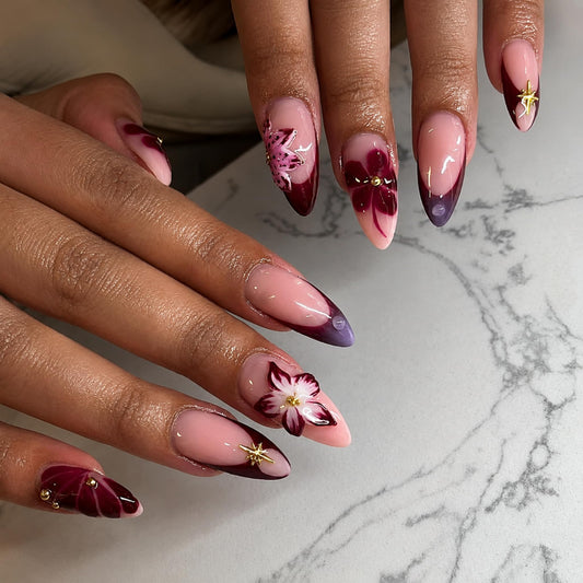 Long Press on Nails Almond Fake Nails Burgundy Artificial Nail Floral French Tips Gold Star Charm Purple Gradient Glossy Romantic Stick on Nail for Women 24pcs