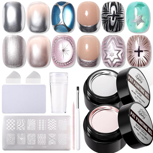GELLAKTIK Metallic Gel Nail Polish Set, 2Pcs Silver & Rose Gold Chrome Painting Gel, Stamping Gel Polish with Nail Art Stamp Plate & Stamper Scraper Kit, DIY Home and Salon Use for Women