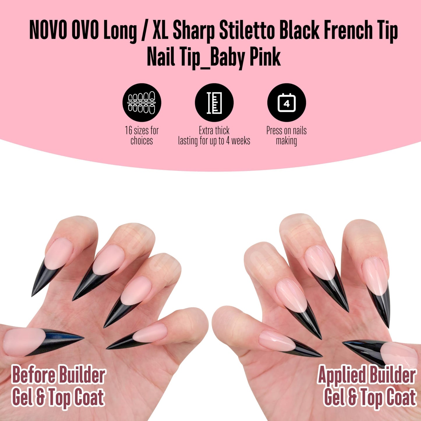 NOVO OVO Black French Tip Long XL Sharp Stiletto Nail Tips Press on BABY PINK, Soft Gel Double Matte Fake Nail Extension, Full Cover False Nails for Acrylic DIY x 16 Sizes 160 pcs