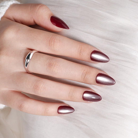 Leefrei Cat Eye Press On Nails - Glazed Ruby Red Press On Nails Short Almond Nails Press Ons for Women Fake Nails with Glue, Glossy Reusable Glue on Nail in 16 Sizes - 32pcs, Ruby Moon
