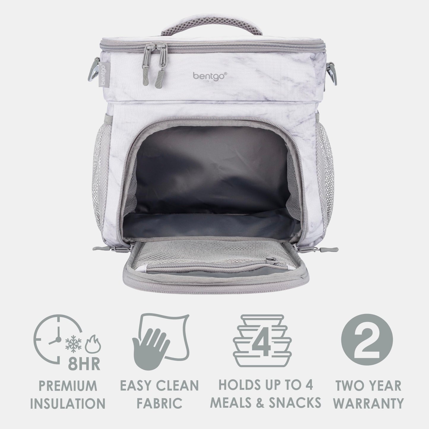 Bentgo Prep Deluxe Insulated Multimeal Bag - Lunch Box Bag, Holds 5 Meals, Premium Insulation up to 8 Hrs, Durable, Water-Resistant - Large Capacity For Adult Meal Prep (White Marble)