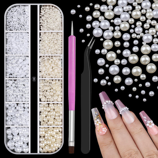 2100Pcs Flatback Nail Pearls Gems, 1.5-5mm White Beige Beads Half Round Nail Charms Beads with Pickup Pencil and Tweezers for Crafting Face Hair Manicure (11-K1-half-pearls-beige-white)