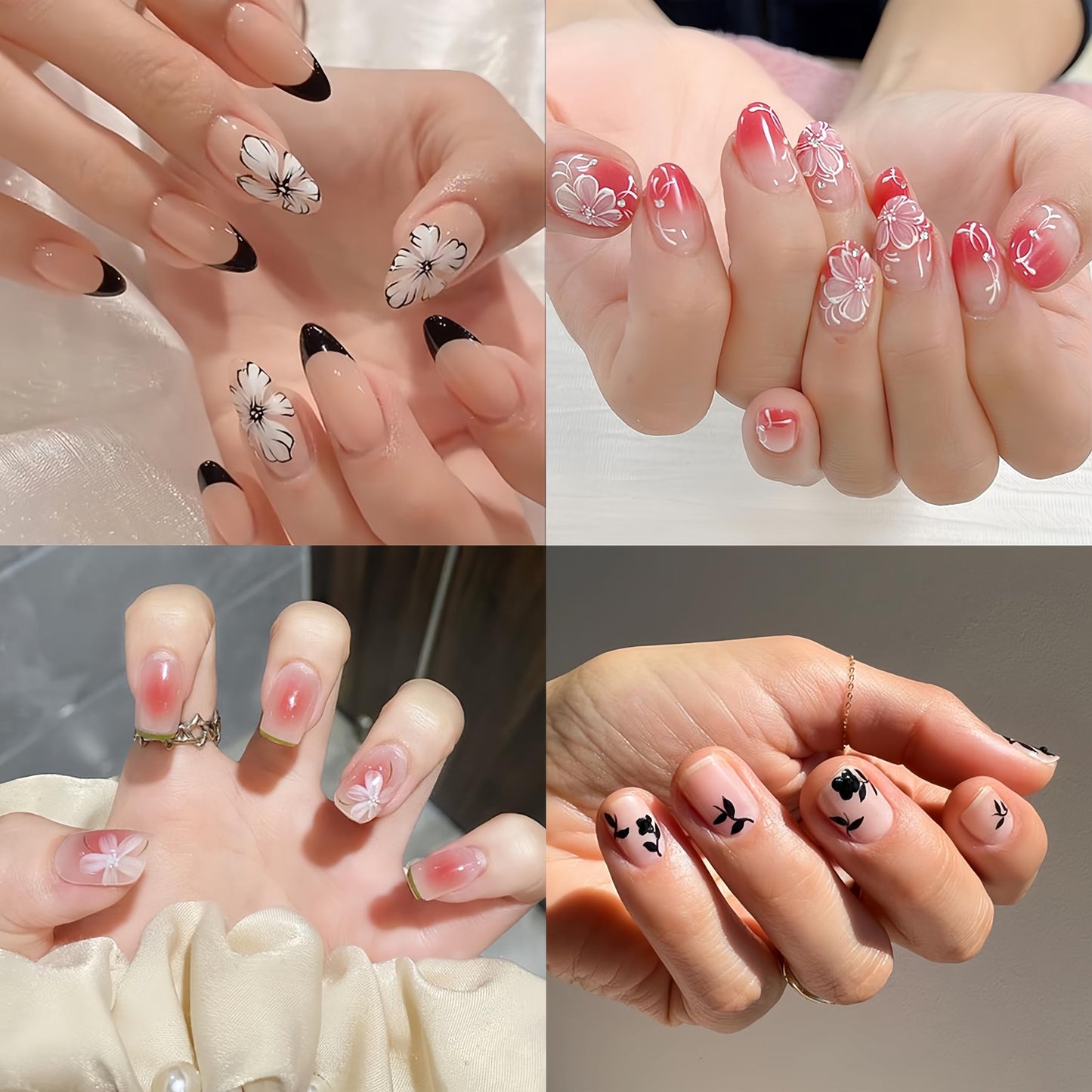 6Sheets Summer Flower Nail Art Stickers Black White Flower Nail Decals 3D Self Adhesive Nail Decals White Floral Cherry Blossoms Floret Nail Design for Women DIY Nail Decoration Accessories Craft