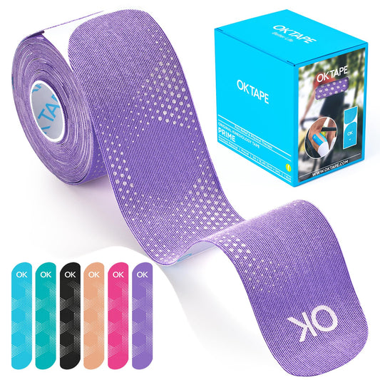 OK TAPE Synthetic Kinesiology Tape Precut Strips, Waterproof Elastic Athletic Tape for Pain Relief & Muscle Support, Reflective Design, 2in×16.4ft Roll, 20 PCS -Purple