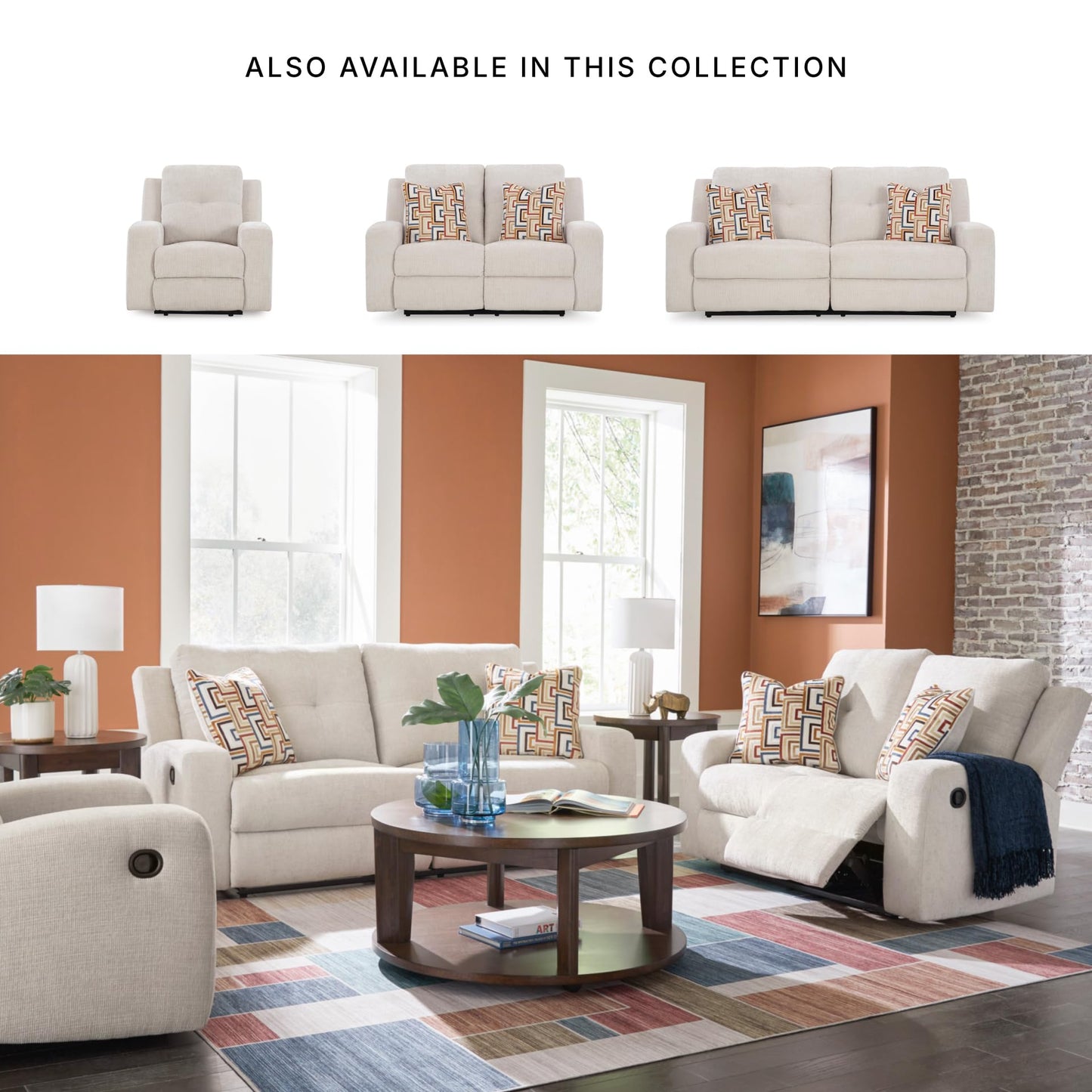 Signature Design by Ashley Danum Modern Tufted Manual Reclining Loveseat with 2 Accent Pillows, Beige