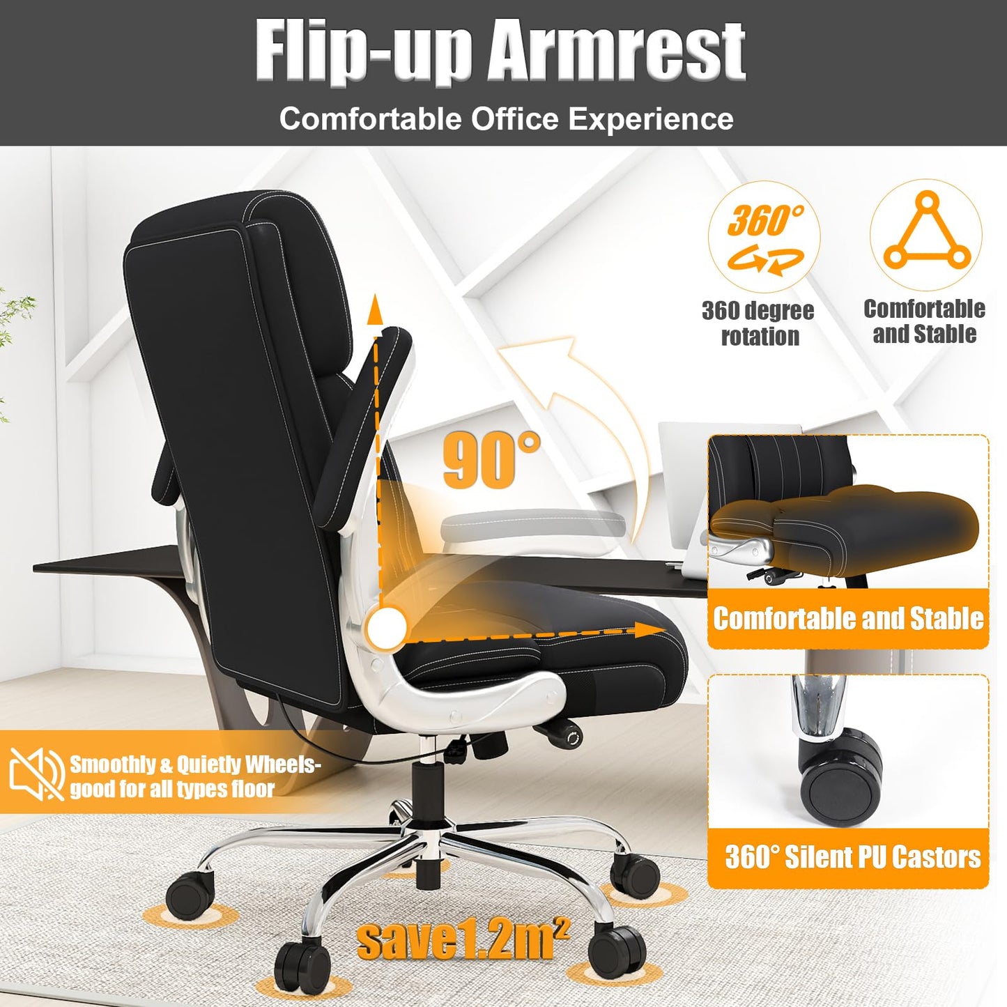 Big and Tall Ergonomic Leather Office Chair with Adjustable Lumbar Support, Flip-Up Armrests Desk Computer Chair, Swivel PC Chair with Rocking Function