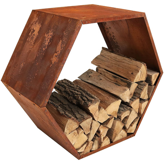 Sunnydaze Outdoor Firewood Rack - Rustic Fire Wood Holder - Sturdy Hexagon Log Holder - Steel Log Rack for Outdoor Firewood Storage