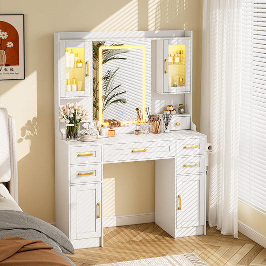 NBYSGO White Vanity with Mirror and LED Lights, Large Makeup Table Set with 2 Display Cabinets, 6 Drawers & 2 Storage Cabinets for Bedroom Dressing Room