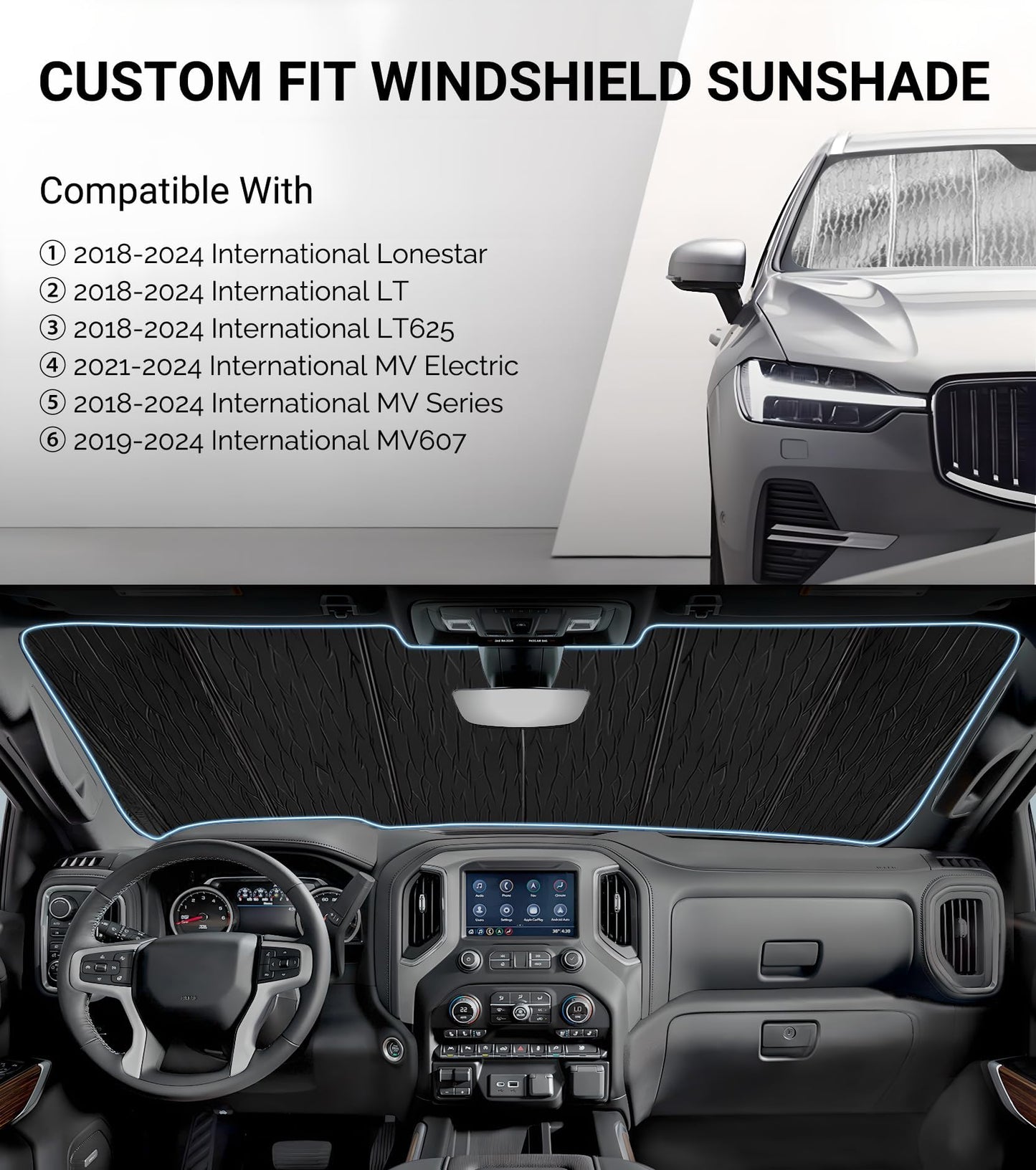 Pigenius Windshield & Side Window Sunshades for International LT MV Lonestar 2018-2025, Reversible Silver/Black