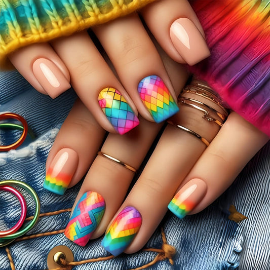 Square Press on Nails Colorful Rhombus Plaid Design Fake Nails Medium False Nails Glossy Acrylic Nails Cute Press on Nails Reusable Stick on Nails for Women Spring Summer Nails 24Pcs