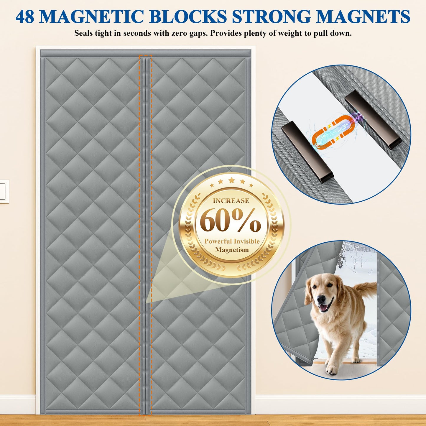MAGZO Sliding Glass Door Insulation Curtain for Winter, 72'' x 80'', Upgraded Oxford Filled with Thicken Cotton, Patio Door Insulation Kit Cover Blanket for French Attic Doors, Strong Magnets, Grey