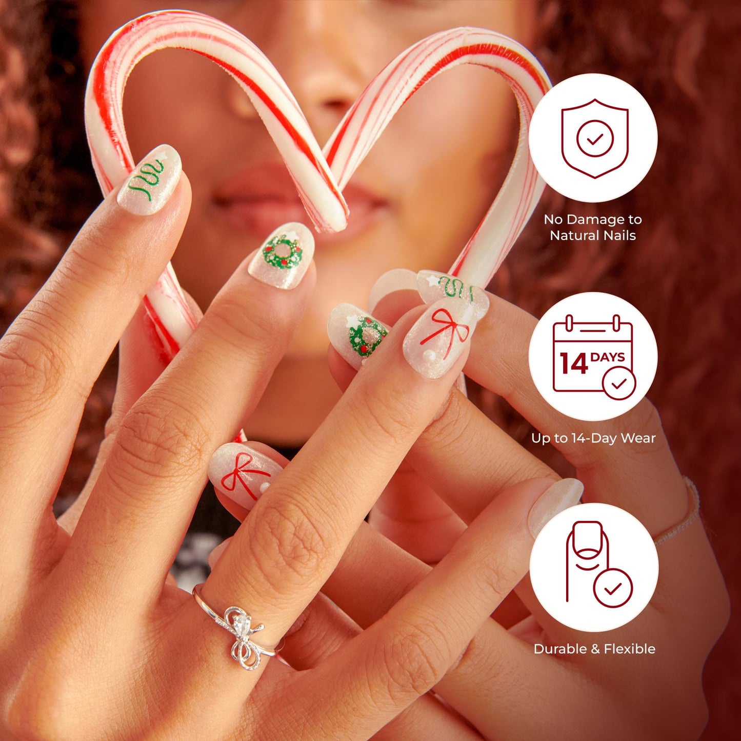 KISS Voguish Fantasy Holiday Press On Nails, ‘Frosty Delights’, Pink, Short Squoval, No Damage To Natural Nails, Pink Gel Nail Glue (2g), Mini Nail File, Manicure Stick, & 28 Fake Nails