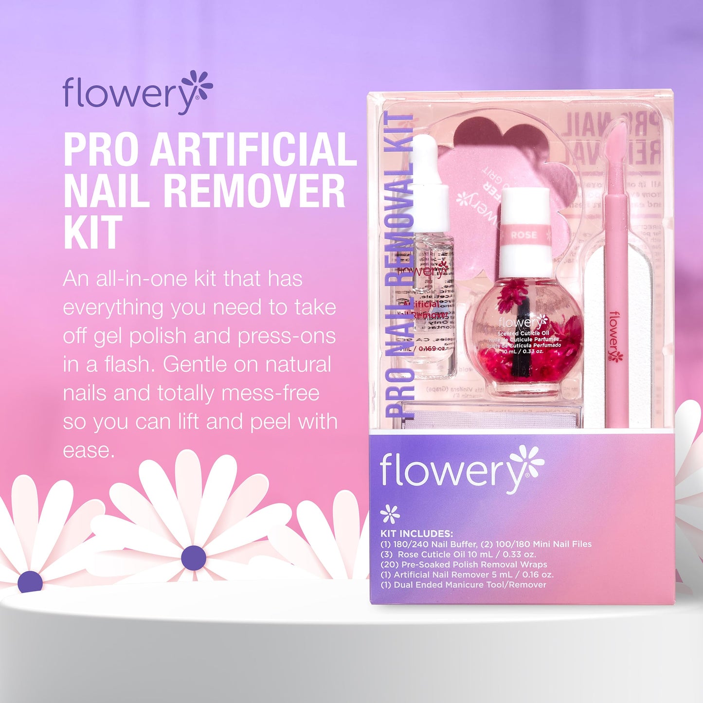 Flowery Pro Artificial Nail Removal Kit – Gel Nail Polish Remover Kit with Rose Cuticle Oil, Buffer, Mini Files, & Pre-Soaked Polish Wraps, DIY Manicure Set