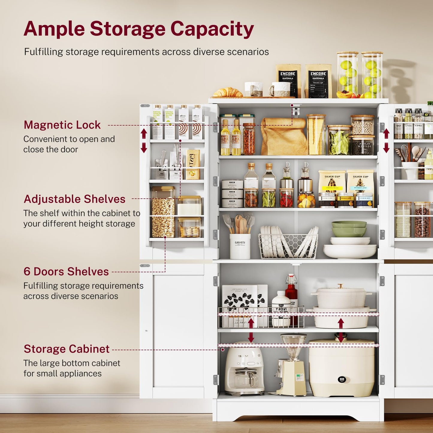 TEENFON 51" H Pantry Cabinet with 4 Doors, Kitchen Cabinet with 6 Door Shelves, Storage Cabinet for Living Room, Dining Room, Bathroom, White