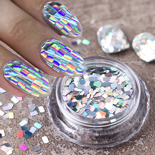 Laser Square Nail Glitter Flakes, Holographic Silver 3D Nail Sequins Rectangle Shape Sparkly Paillettes Acrylic Nail Charms Supplies for Women Girls Manicure Decorations