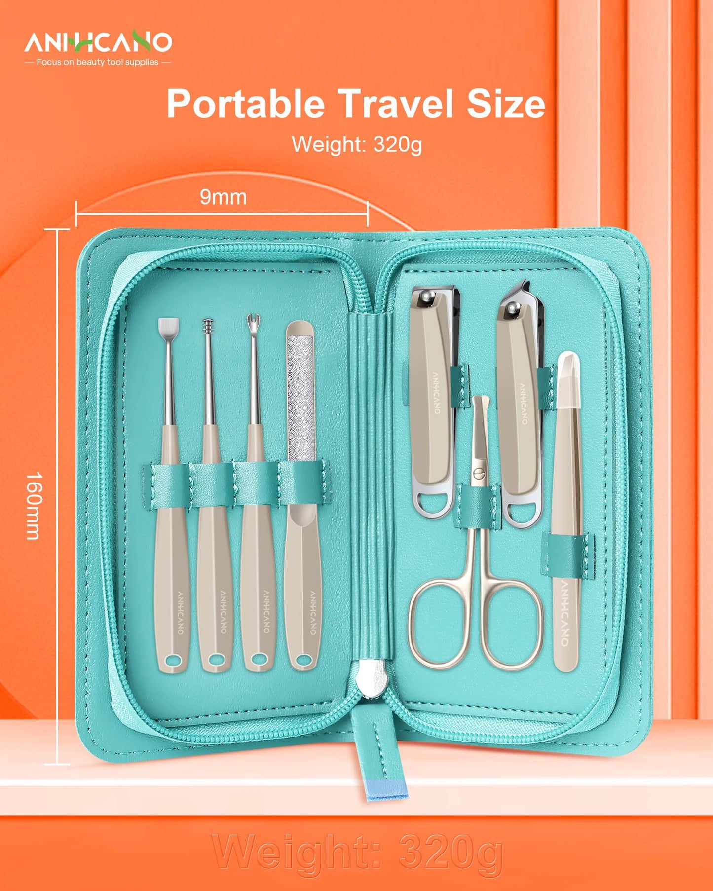 Manicure & Pedicure Kit for Men & Women, ANIHICANO 8-in-1 Premium Stainless Steel Personal Care Tools Set with PU Leather Case, Travel-Friendly for Home & Professional Use (Champagne)