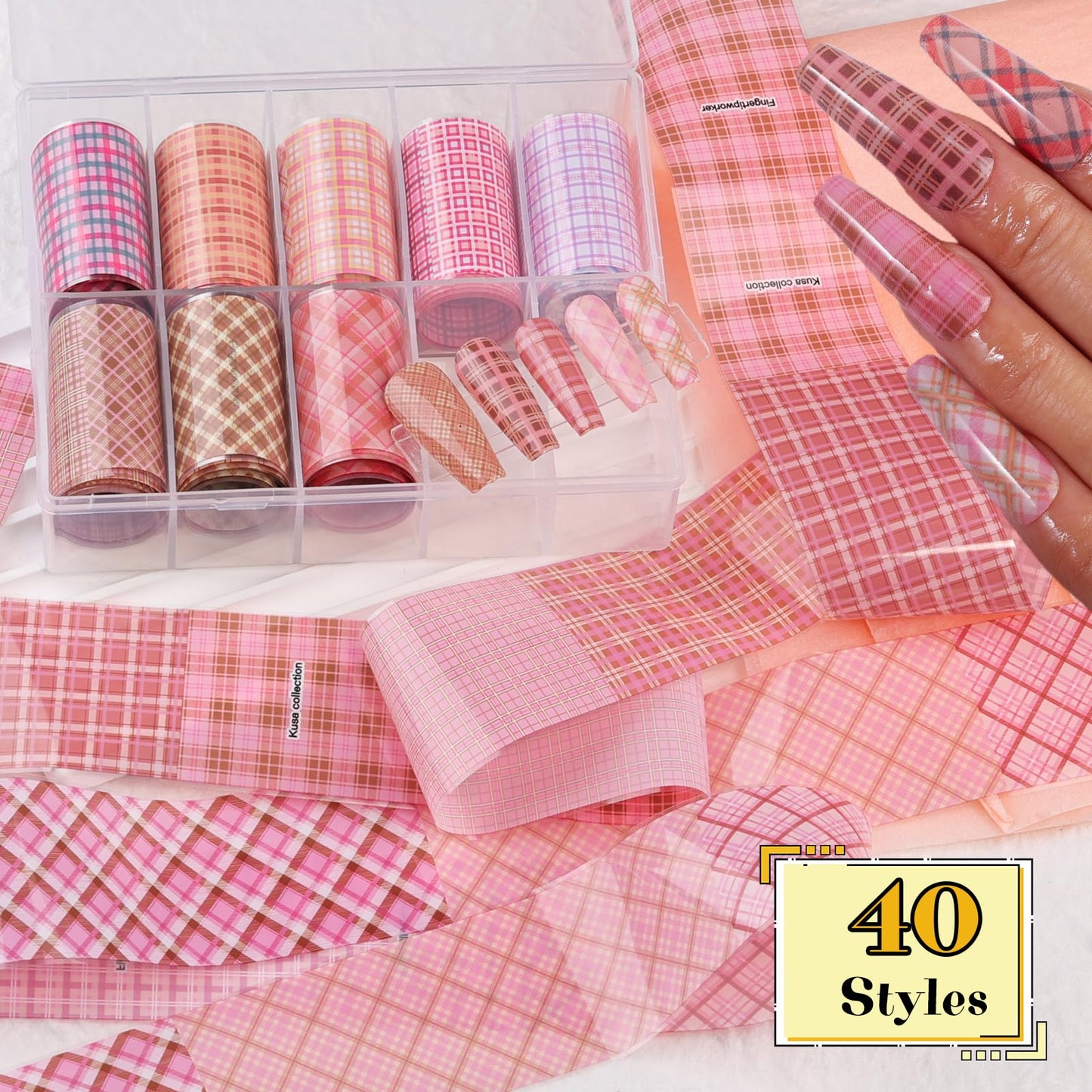Plaid Nail Foil Transfer Sheets, 10 Rolls Pink Plaid Nail Stickers Transfer Foil with Checkered Prints for Nail Art, Starry Geometric Lines Manicure Wraps, Nail Foil Transfer Paper for Women