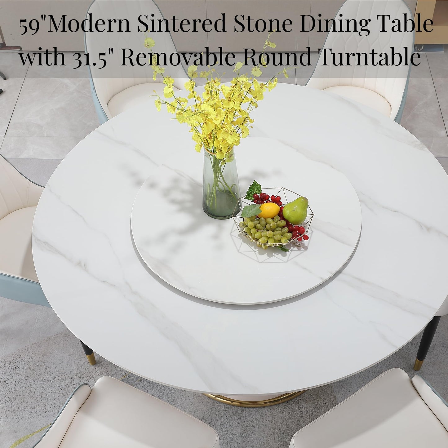 Montary 7 Piece Dining Table Set, Modern Dining Table Set of 6, White 59" D Faux Marble Dining Room Table Sintered Stone Round Table with 6 Blue Dining Chairs