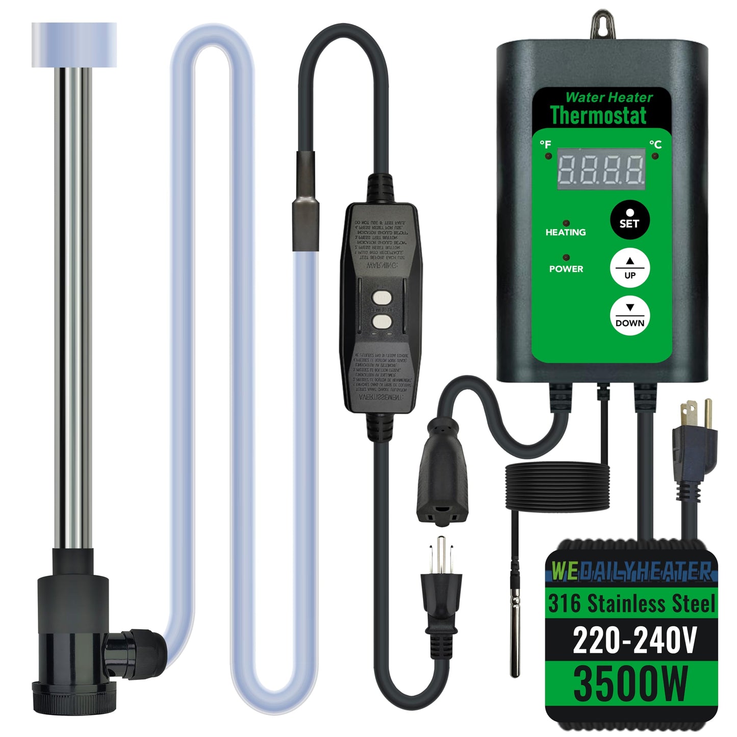 3500W 240V Immersion Water Heater of Hot Tub & Inflatable Pool – Portable Fully Submersible Electric Heater with Thermostat & GFCI for Bathtub, Sap, Above Ground/Inground Pool & Baptismal Pool etc