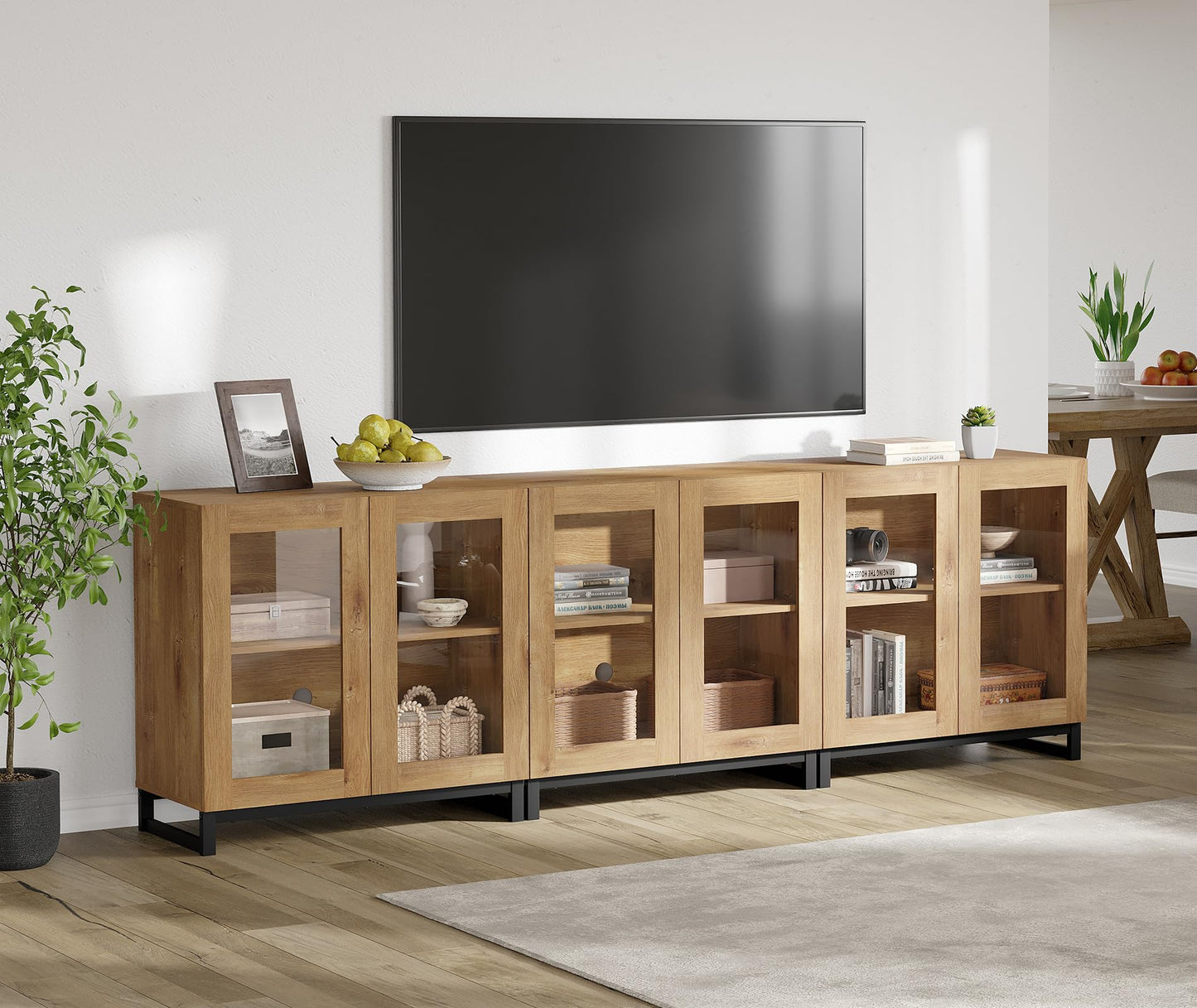 WAMPAT Modern TV Stand with Glass Doors for 110 inch TVs, 3 in 1 Entertainment Center Console with Adjustable Shelves and Metal Base for Living Room, Bedroom, Oak