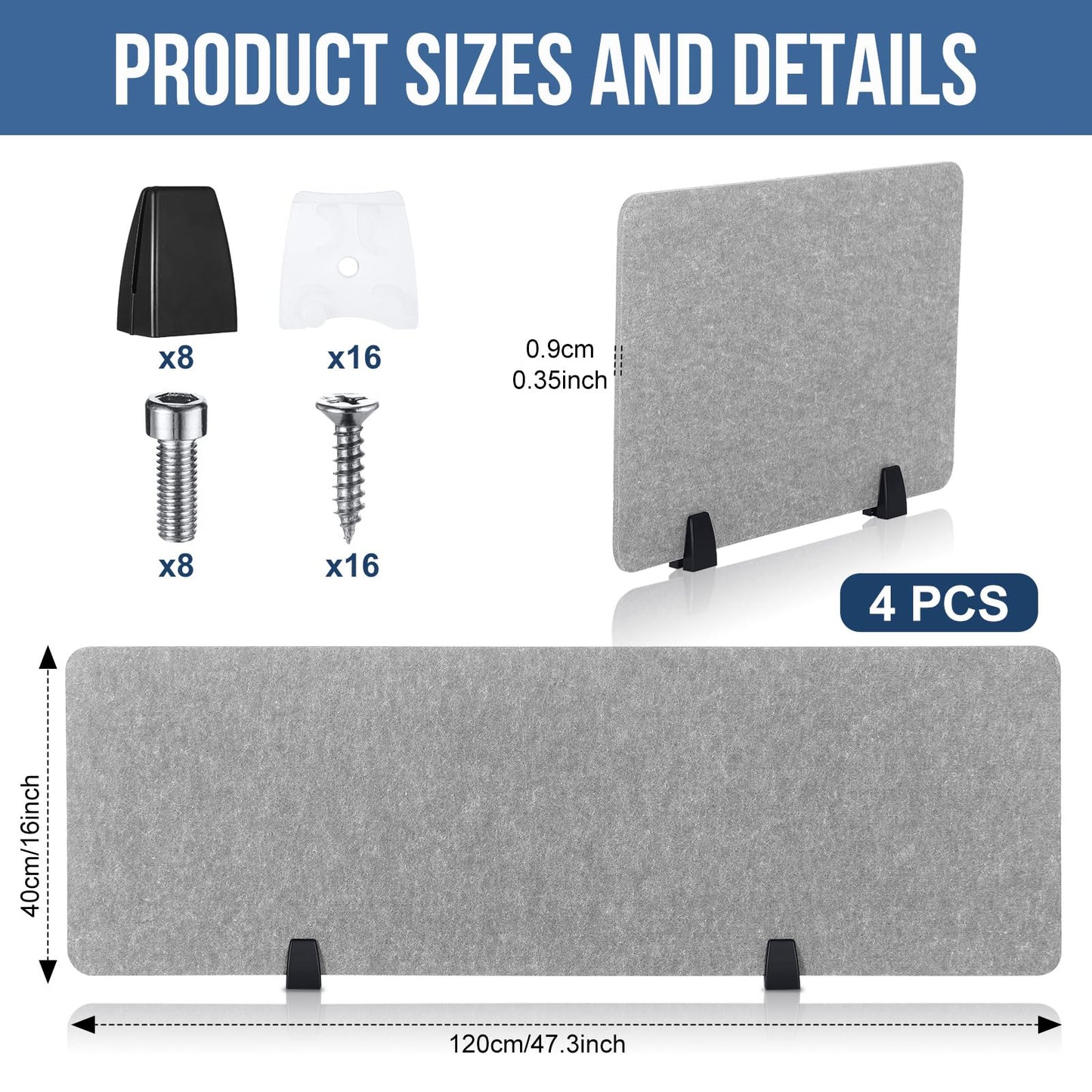 Yaomiao 4 Pack Acoustic Desk Divider Soundproof Desk Privacy Panel Freestanding Partitions Sound Absorbing Divider for Office Reduce Noise and Visual Distractions 47.3" x 16"(Light Gray)