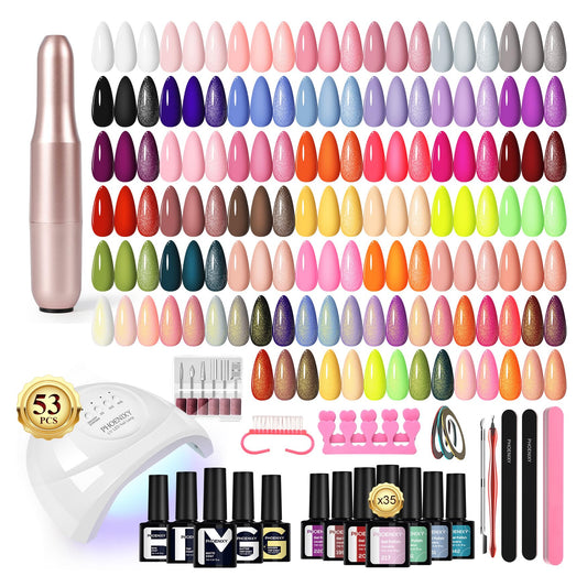 PHOENIXY 53 Pcs Gel Nail Polish Kit with U V Light Nail Drill, 35 Colors Gel Nail Kit Pink 5Pcs Glossy Matte Glitter Gold Silver Top Base Coat for DIY Home Manicure Gift Sets for Women