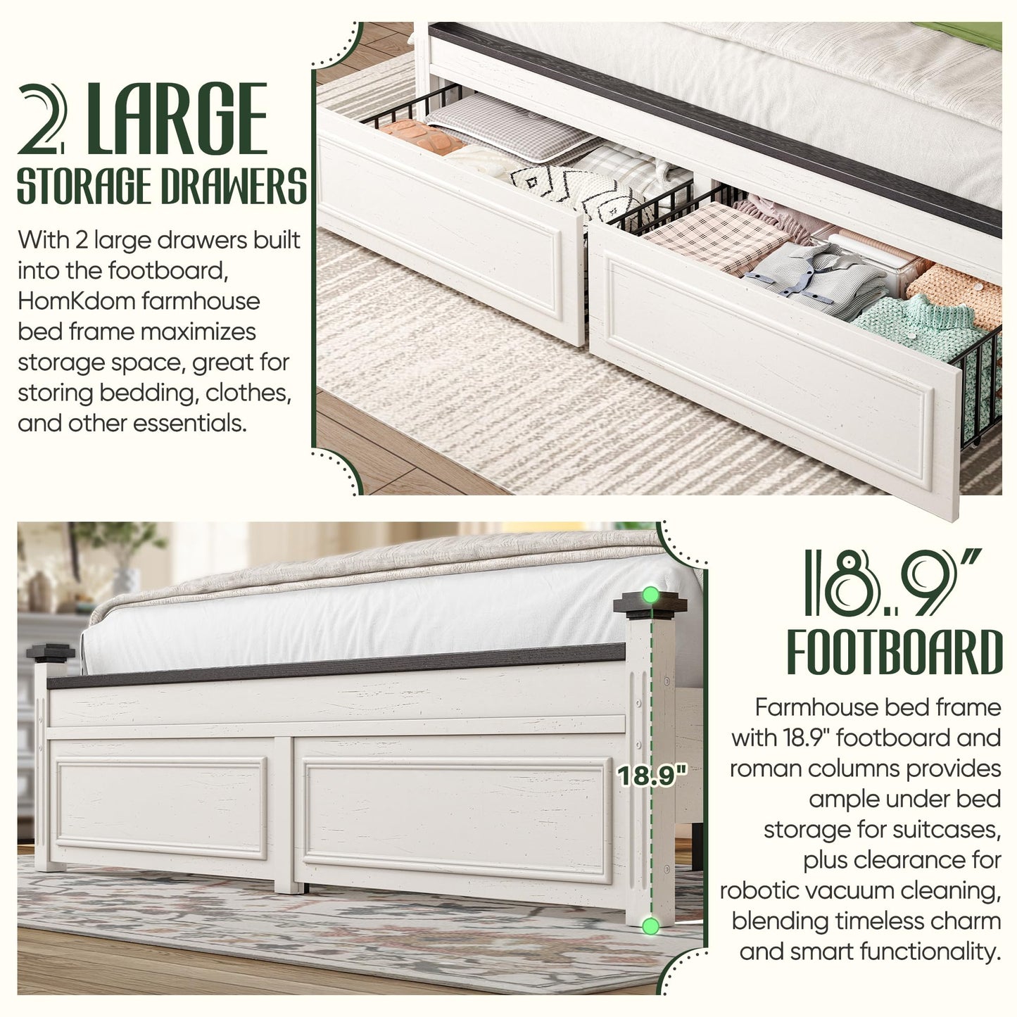 Homkdom Farmhouse Queen Size Bed Frame, 51” Tall Queen Bed Frame with Headboard, Bed Frame with 2 Storage Drawers, No Box Spring Needed, White