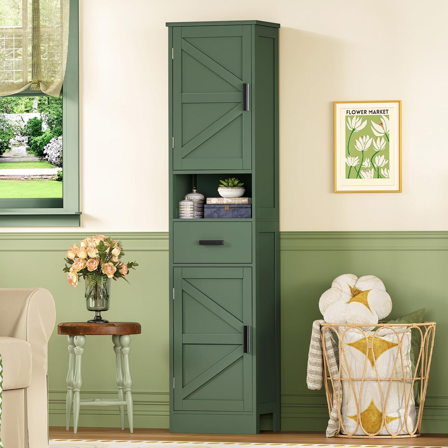 TEENFON 67" H Tall Bathroom Storage Cabinet with Barn Doors and Drawer, Narrow Bathroom Cabinet, Narrow Storage Unit, Adjustable Shelves, Floor Cabinets for Living Room, Forest Green UNSNG091V