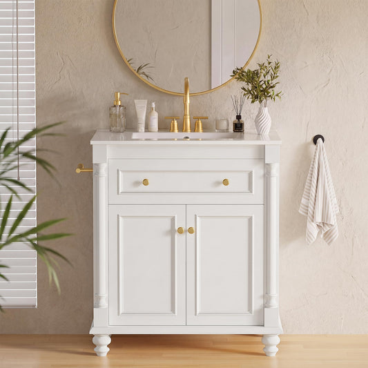 YESHOMY 30" Bathroom Vanity with Sink, Freestanding Bathroom Vanity with Integrated Ceramic Basin, 1 Flip-Down Drawer, 2 Doors & Adjustable Shelf, Bathroom Storage Cabinet with Sink Combo Set, White