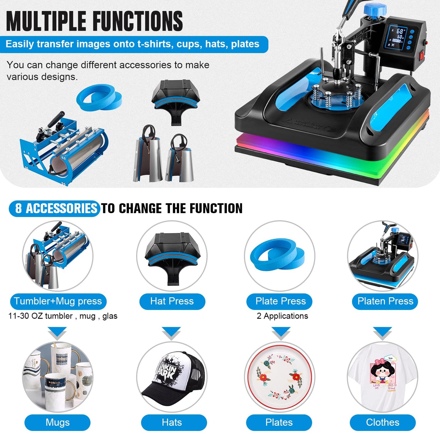 Topdeep Pro Heat Press 15x15 Inch, 8 in 1 Heat Press Machine with 30 OZ Tumbler Press, Swing Away T Shirt Pressing Machine, Combo Tumbler Heat Press Machine Sublimation for T-Shirt Hat Cap Mug Plate