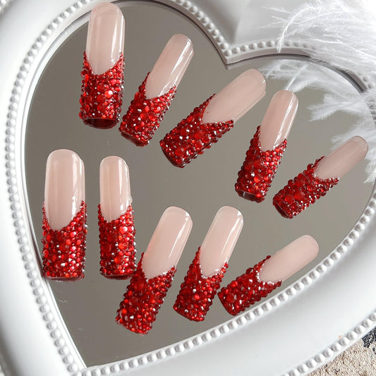 NAIL ANGEL 10pcs Handmade Press On Nail Tips Red Rhinestone French XXL Long Coffin Types Artifical Nails Party Nails Glitter Rhinestones ZJ-02(S)